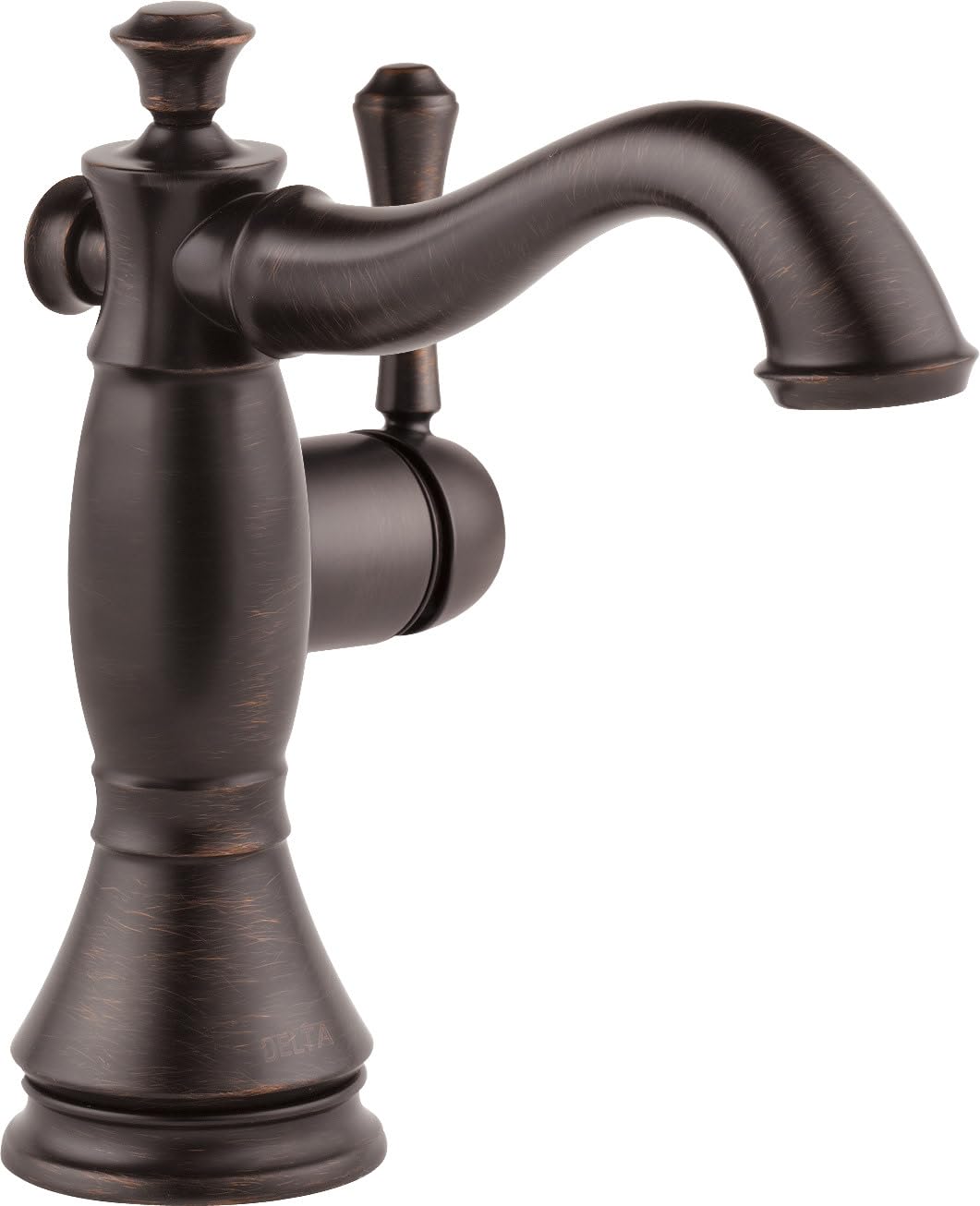 Oil-rubbed bronze single-handle bathroom faucet with curved spout and decorative knob handles.
