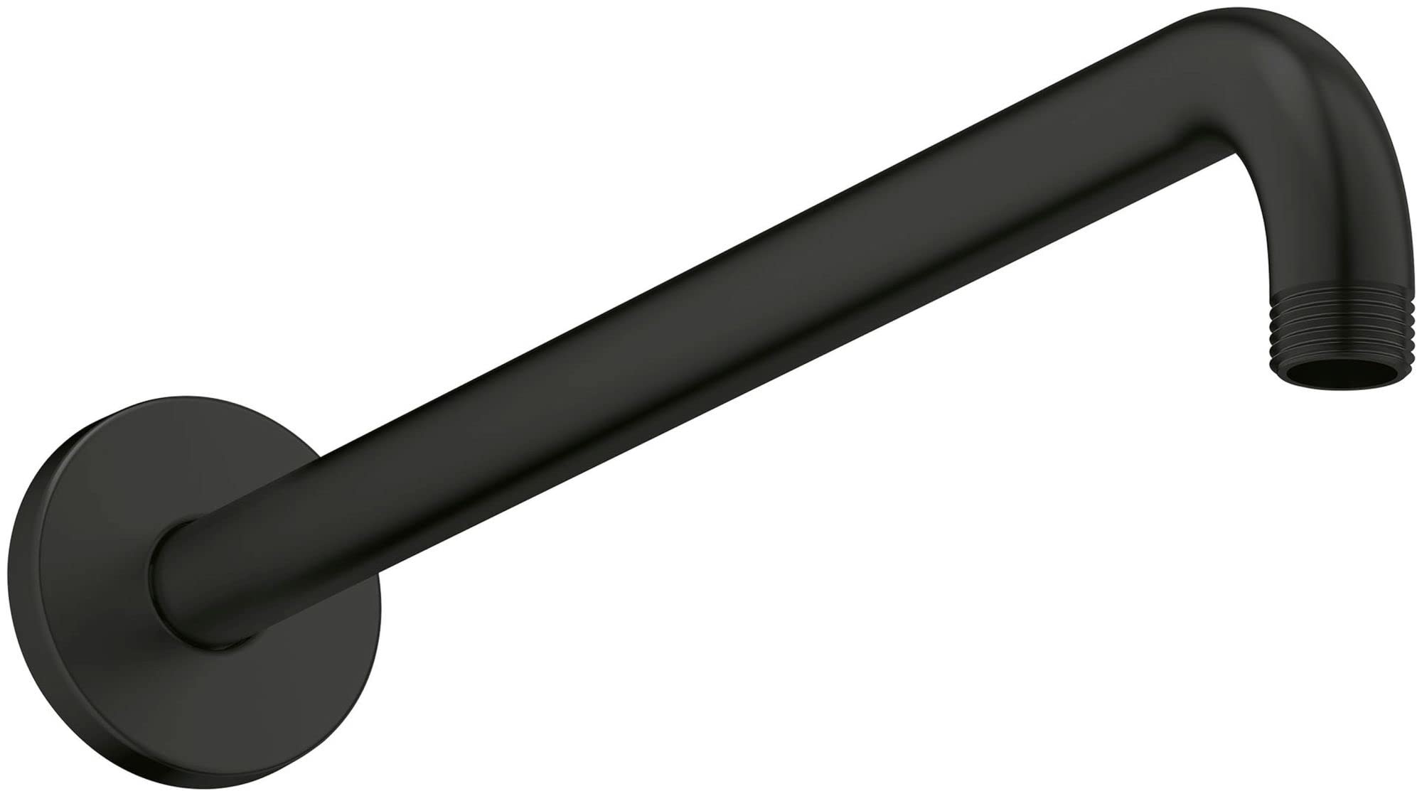 Black brushed metal shower arm with wall-mounted circular flange and angled outlet fitting.
