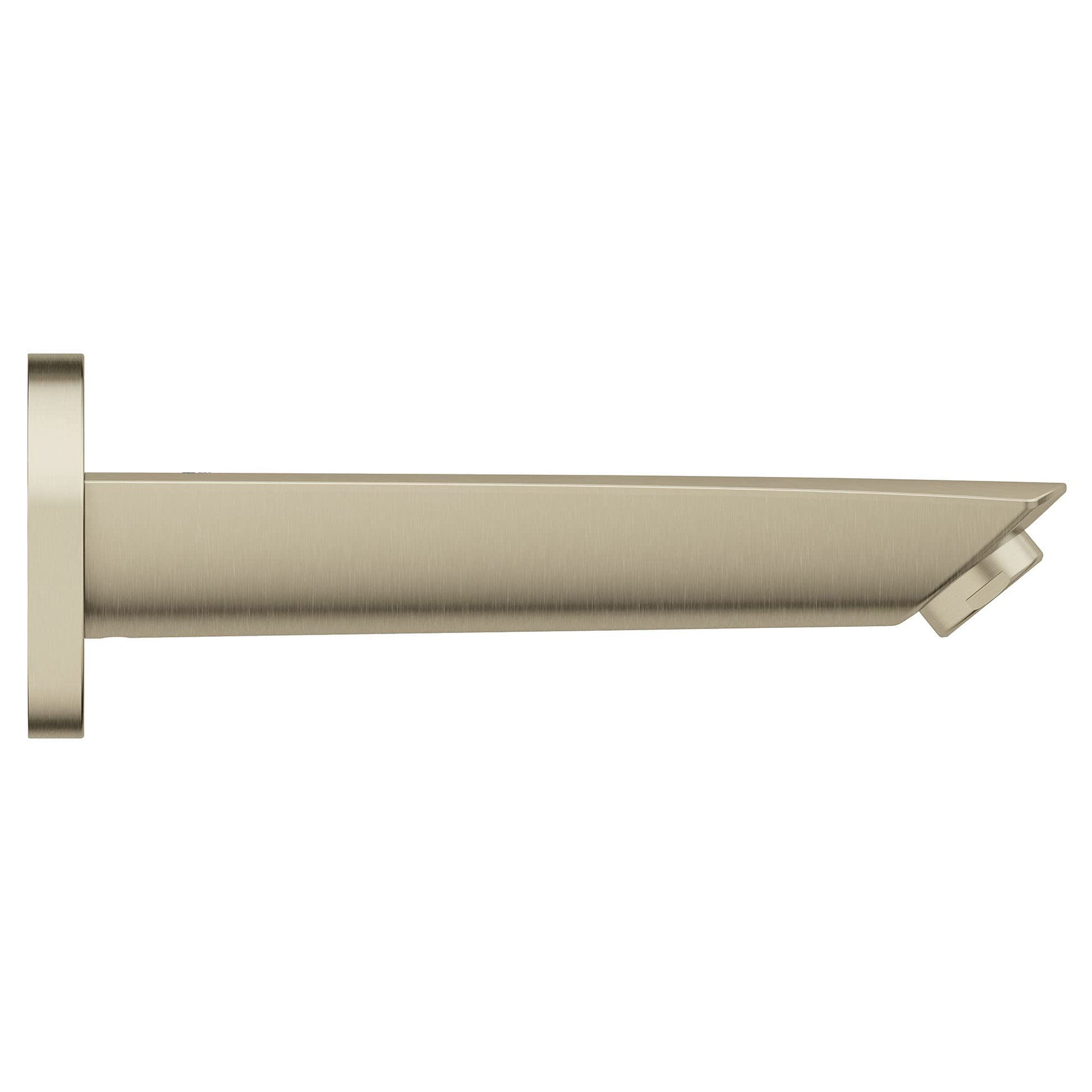 Brushed nickel tub spout with wall-mounted square flange and angled outlet.