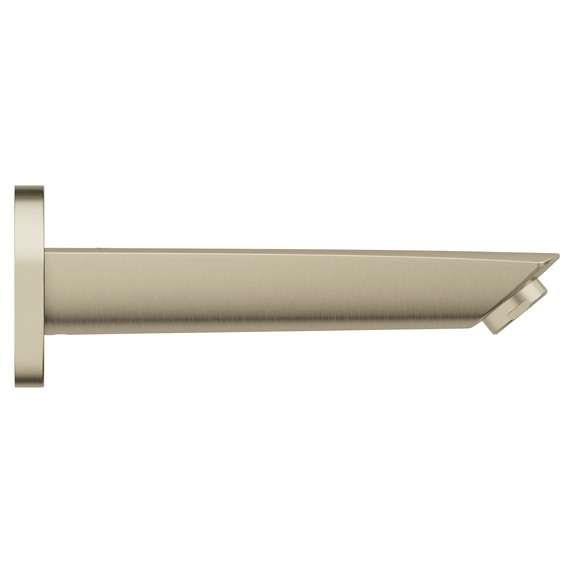 Brushed nickel tub spout with wall-mounted square flange and angled outlet.