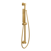 Brushed gold handheld shower system with vertical slide bar, metal hose, and wall-mounted connector.