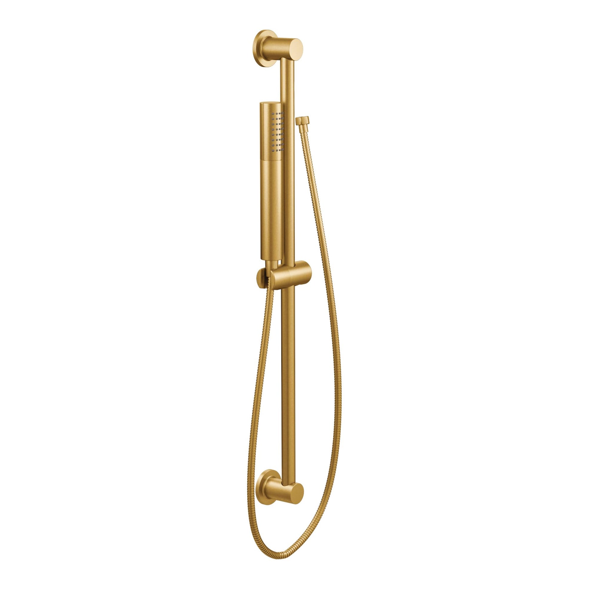 Brushed gold handheld shower system with vertical slide bar, metal hose, and wall-mounted connector.