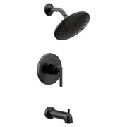 Matte black single-handle tub and shower trim kit with round showerhead, control valve, and tub spout.