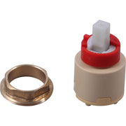 Single handle valve cartridge with brass collar ring and tan plastic body with red handle insert.