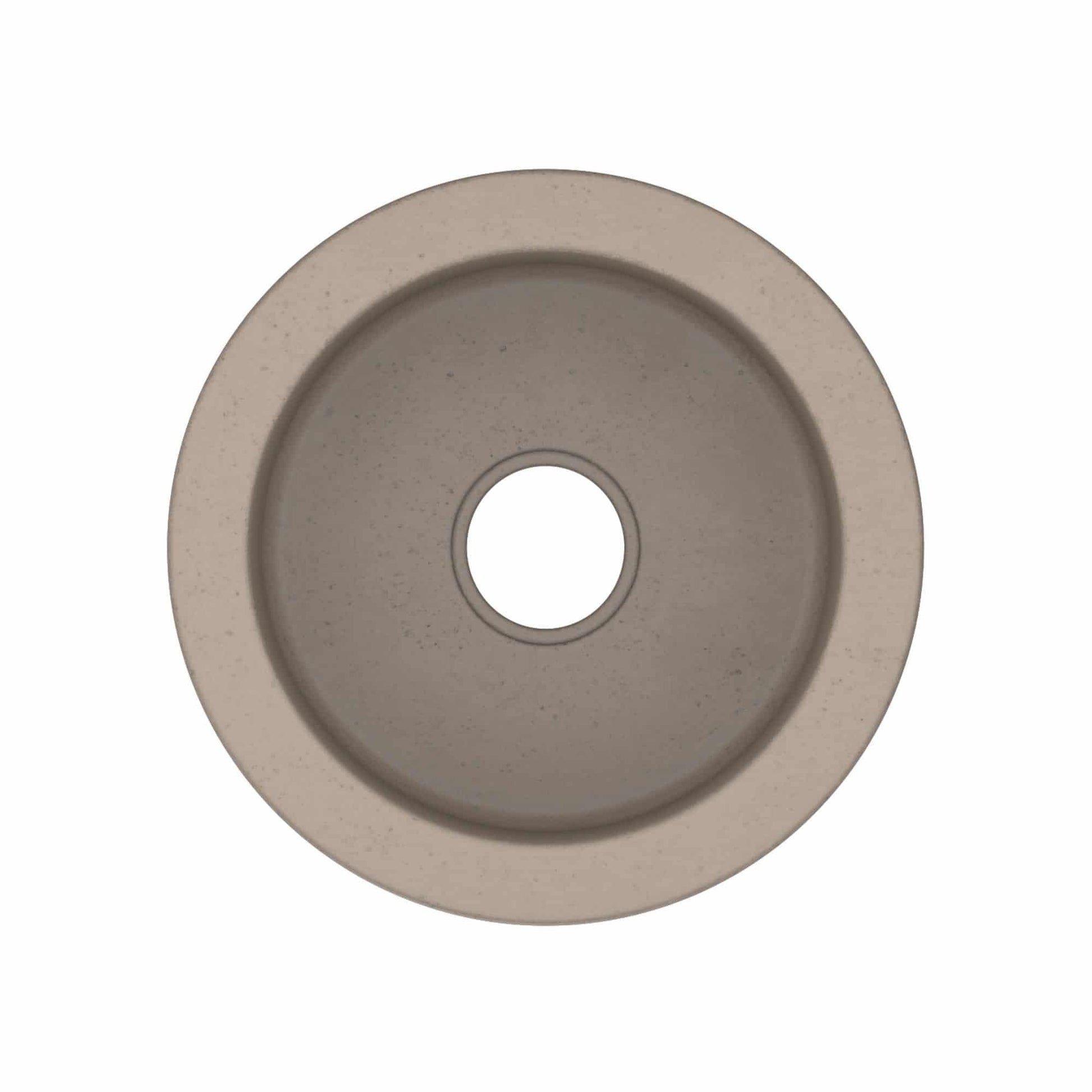 Circular slate-colored prep sink with single center drain hole and recessed basin, viewed from above.