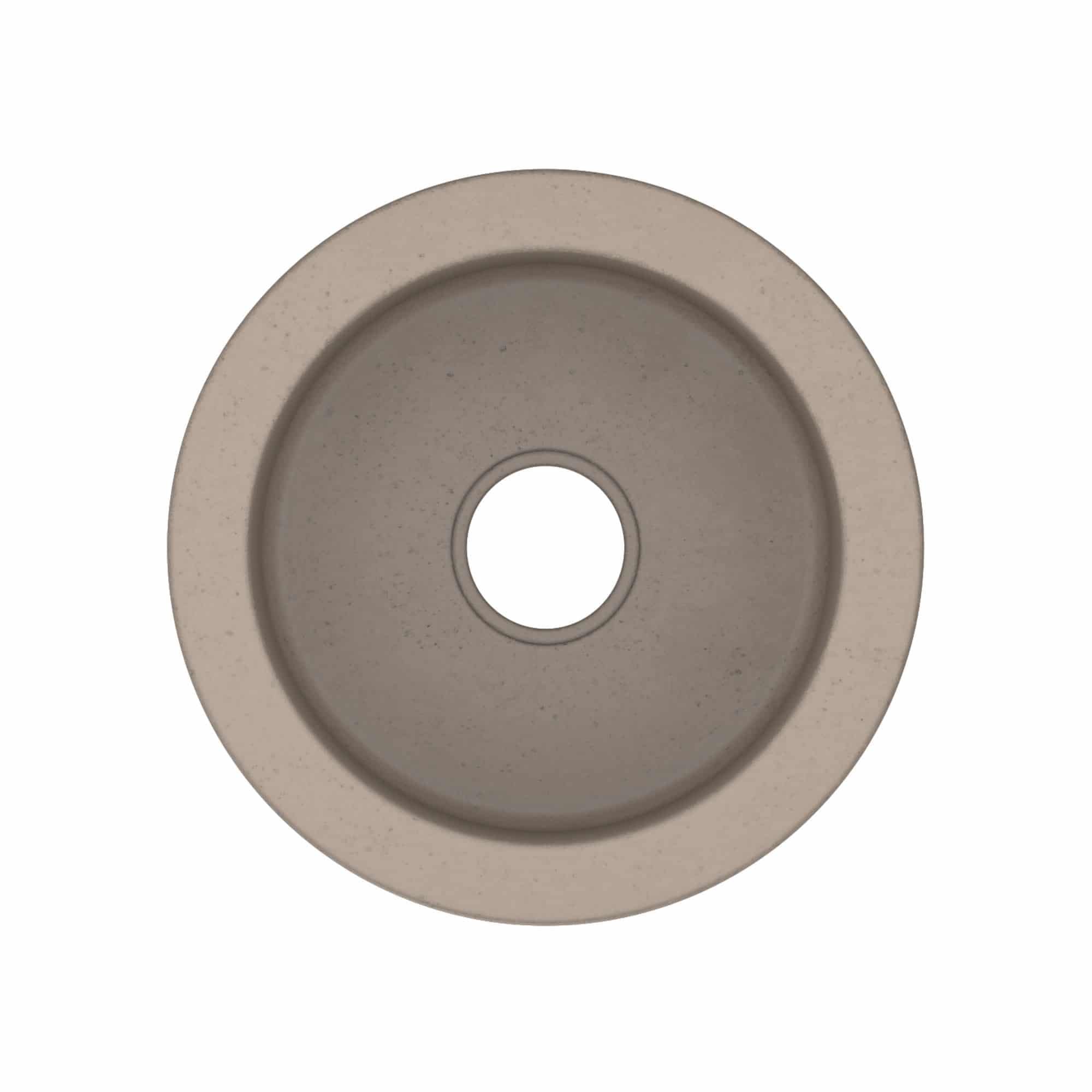 Circular slate-colored prep sink with single center drain hole and recessed basin, viewed from above.