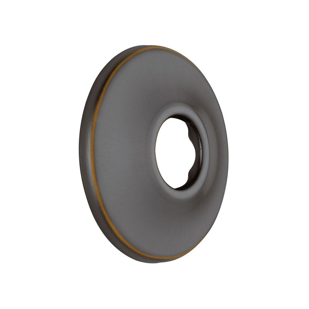 Round oil rubbed bronze shower flange with central opening and textured finish.
