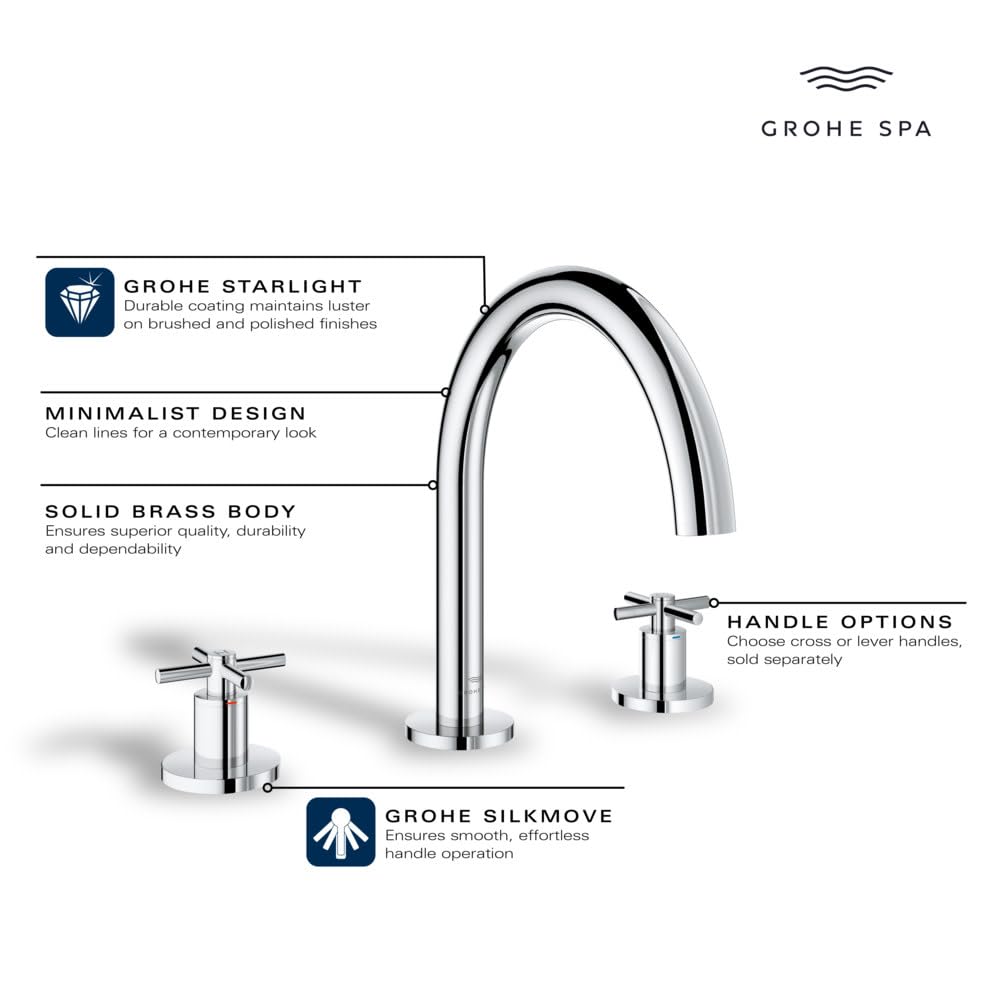 Chrome Grohe Atrio roman tub faucet with curved spout and cross handles shown in 3-hole deck mount configuration.