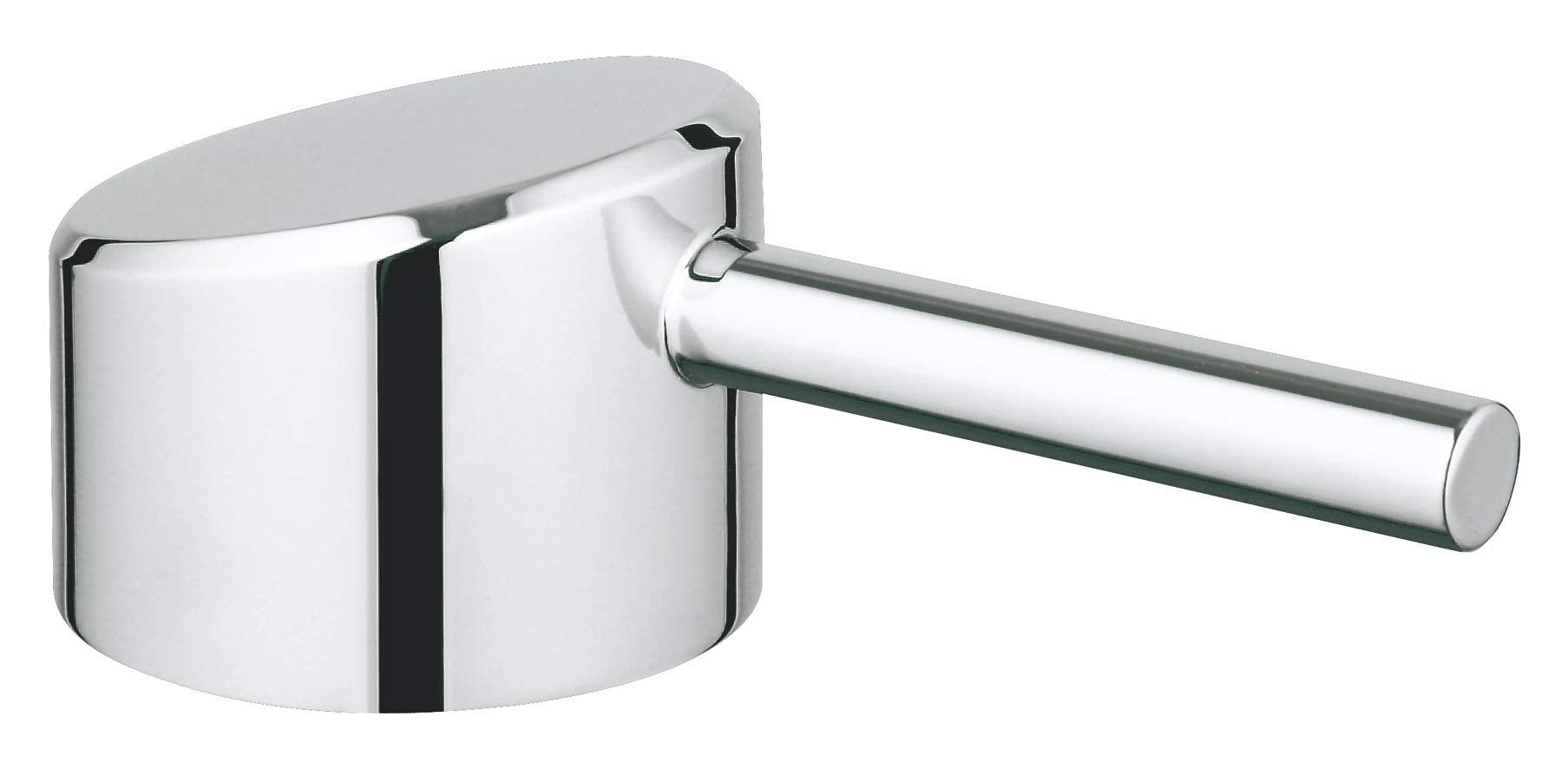Chrome lever handle with cylindrical grip and curved escutcheon plate for Grohe faucet repair.