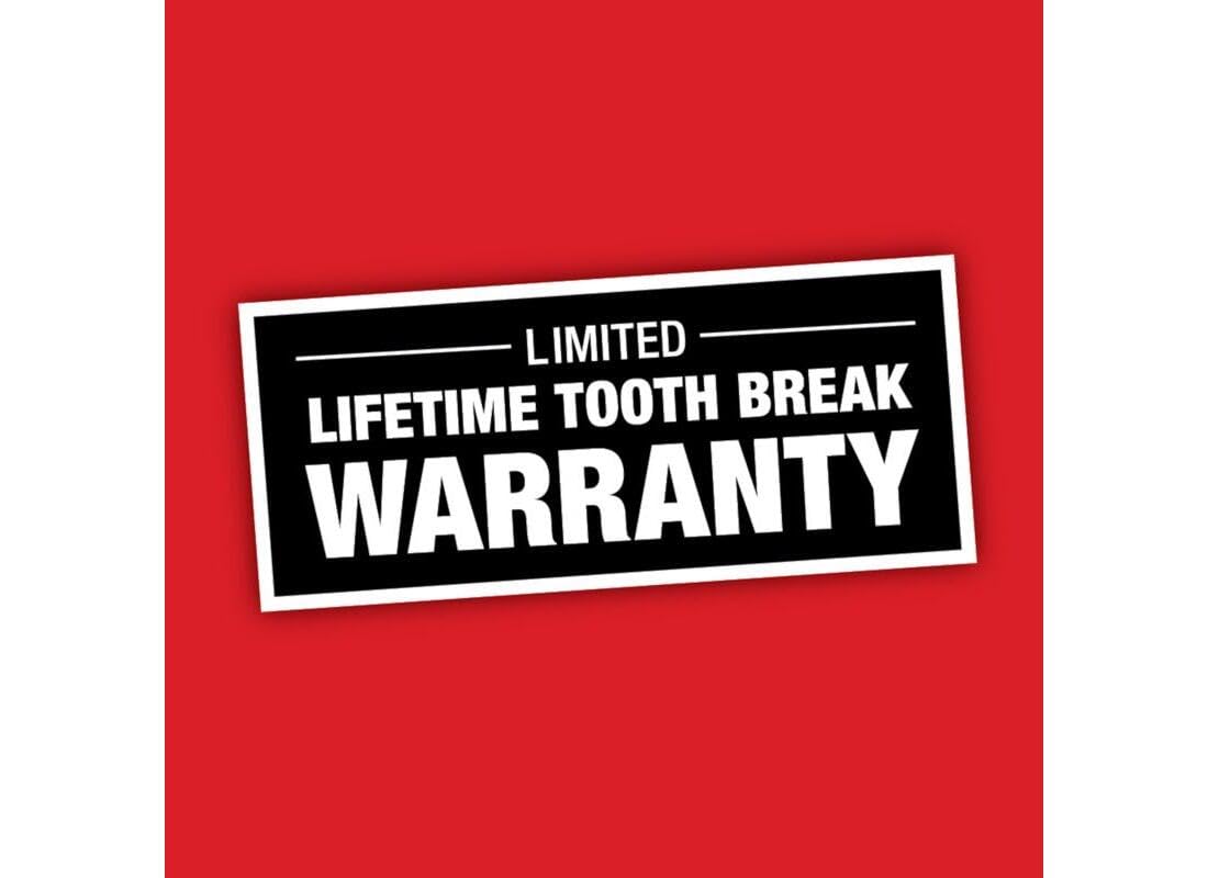 Black and white warranty label on red background stating "Limited Lifetime Tooth Break Warranty".