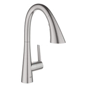Stainless steel pull-down kitchen faucet with curved spout and single side handle in brushed finish.