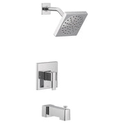 Chrome tub and shower trim kit with square showerhead, angled arm, valve trim plate, and tub spout.