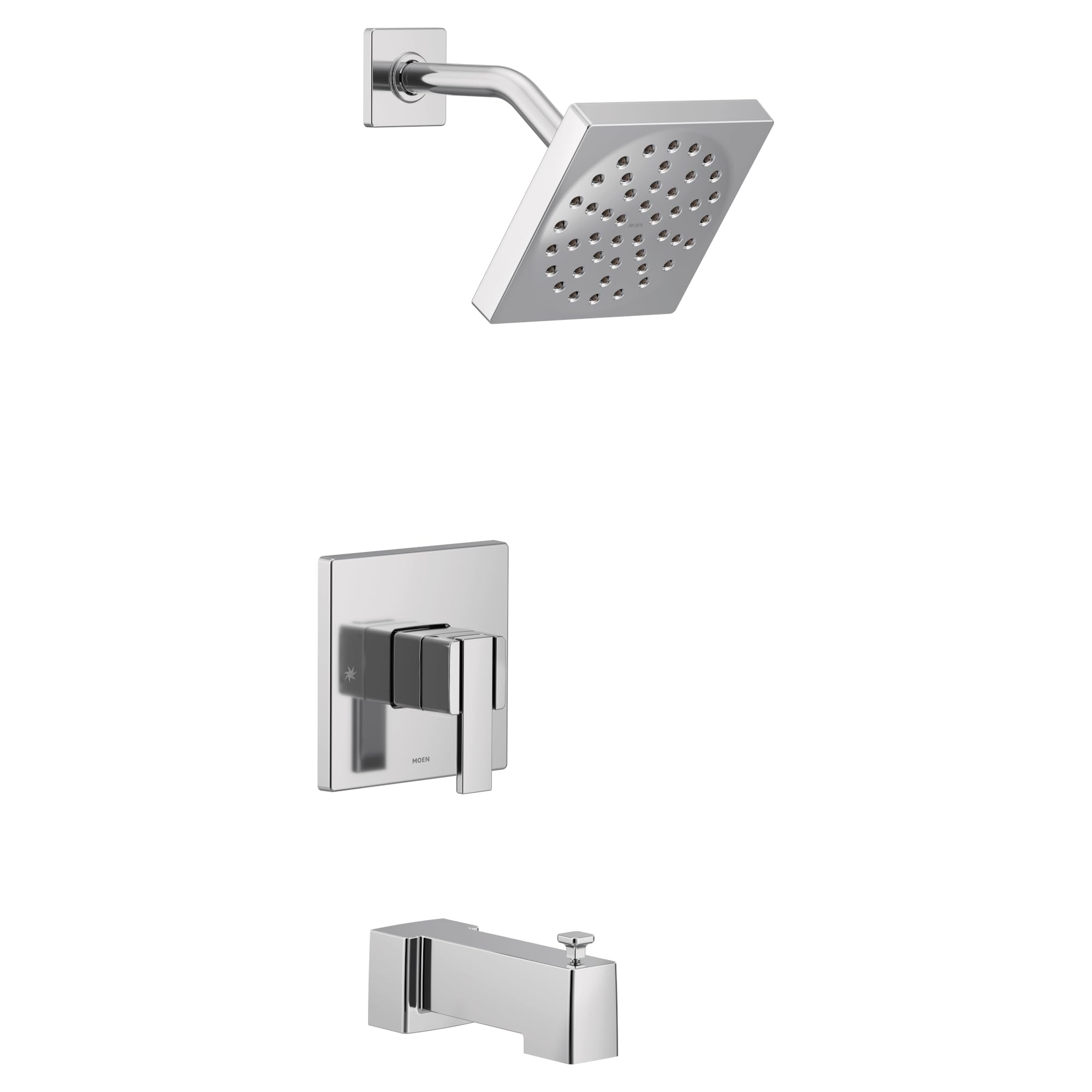 Chrome tub and shower trim kit with square showerhead, angled arm, valve trim plate, and tub spout.