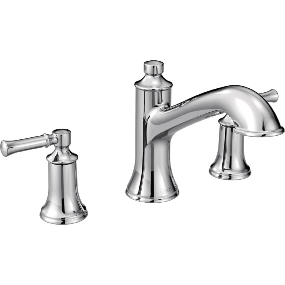 Chrome two-handle high arc Roman tub faucet with curved spout and lever handles on bell-shaped bases.