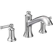 Chrome two-handle high arc Roman tub faucet with curved spout and lever handles on bell-shaped bases.