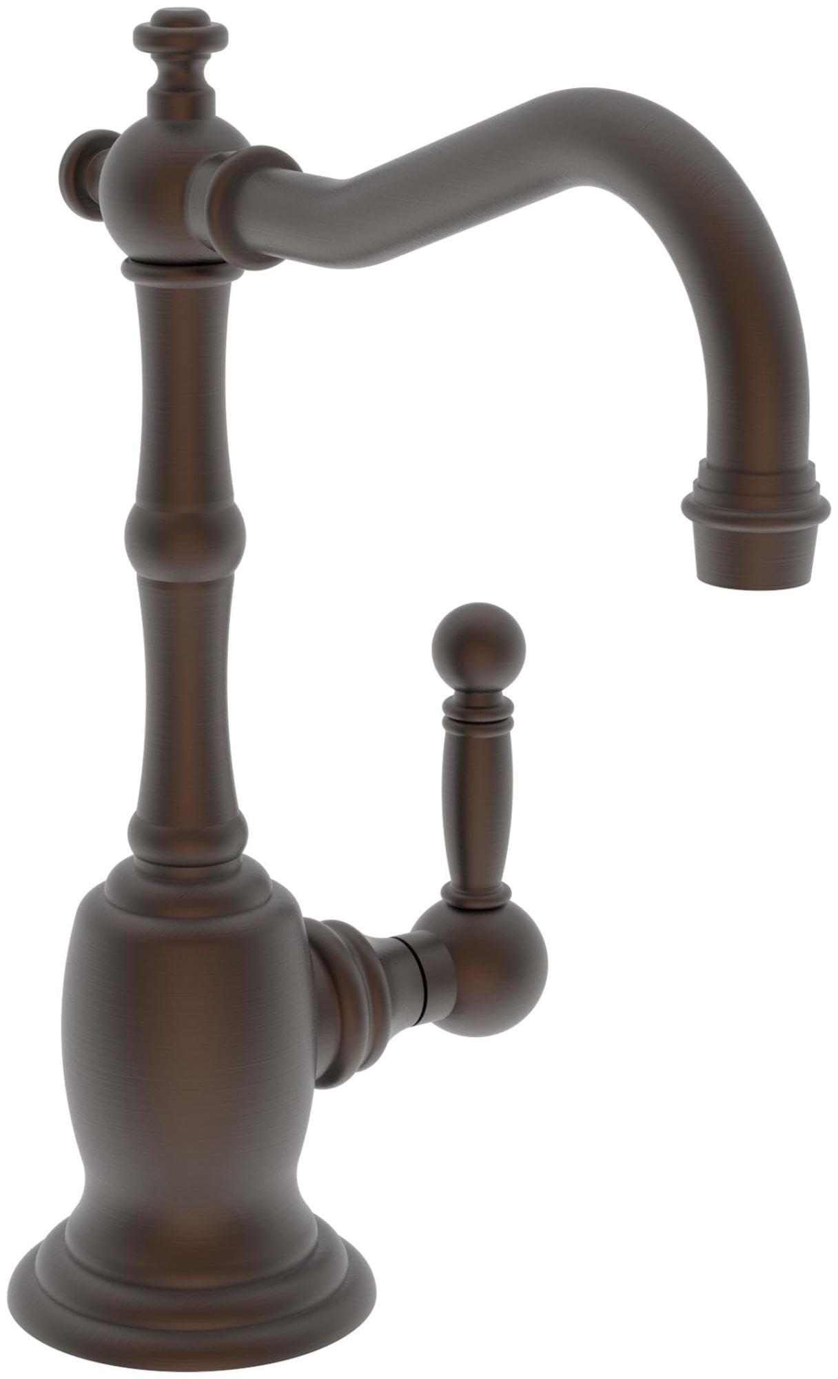 English bronze single-handle water dispenser with curved spout, cylindrical body, and decorative finial top.