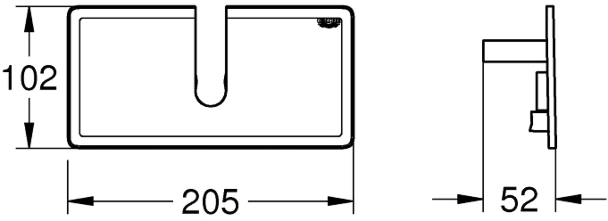 White rectangular shower tray with rounded interior corner and mounting hardware, shown in top and side view technical drawin
