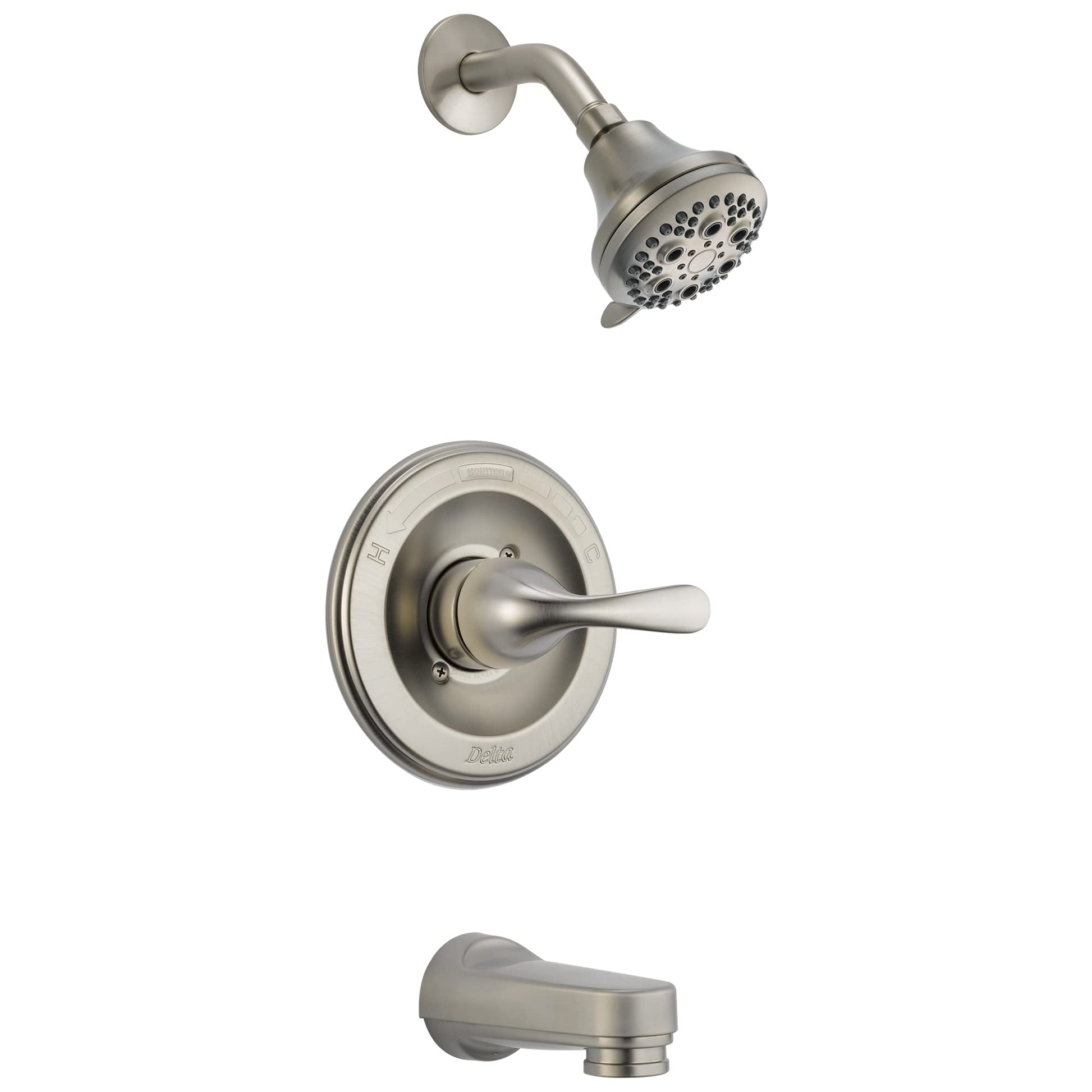 Brushed nickel tub and shower trim with multi-spray showerhead, lever handle, and pull-down tub spout.