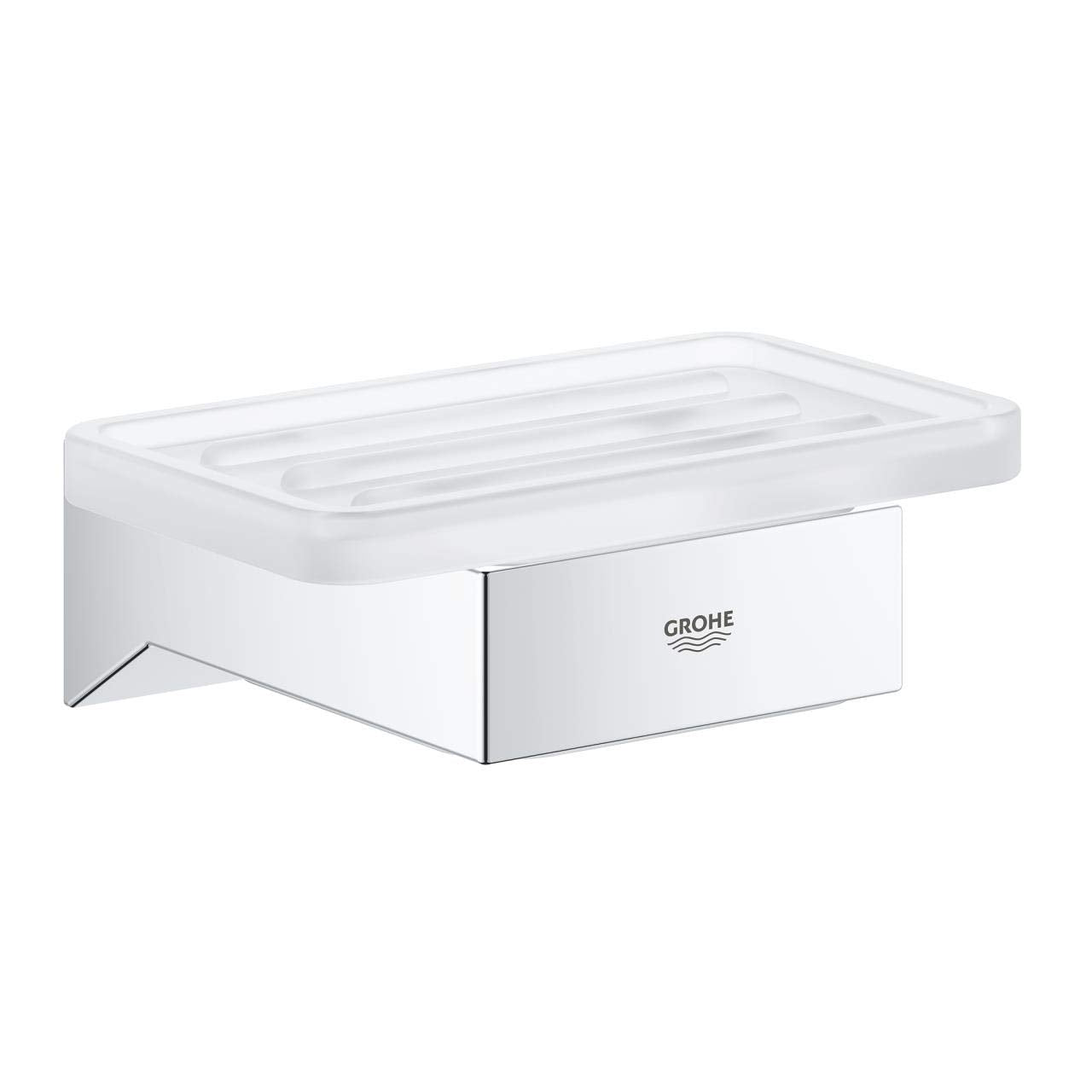 Chrome soap dish with clear plastic insert and angular bracket base, Grohe branding visible.