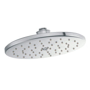 Chrome rainshowerhead with wide oval face and multiple spray holes, mounted on adjustable arm.