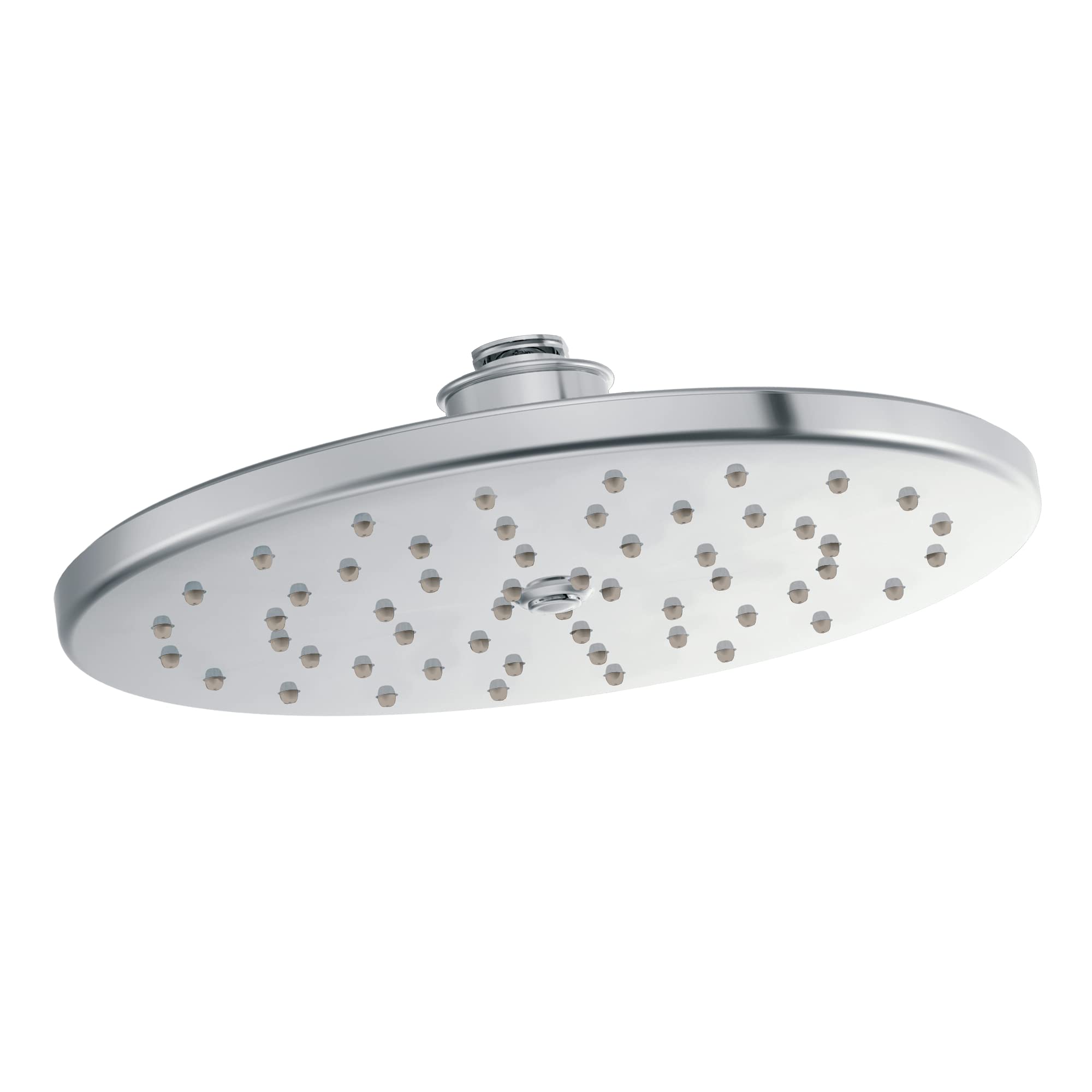 Chrome rainshowerhead with wide oval face and multiple spray holes, mounted on adjustable arm.