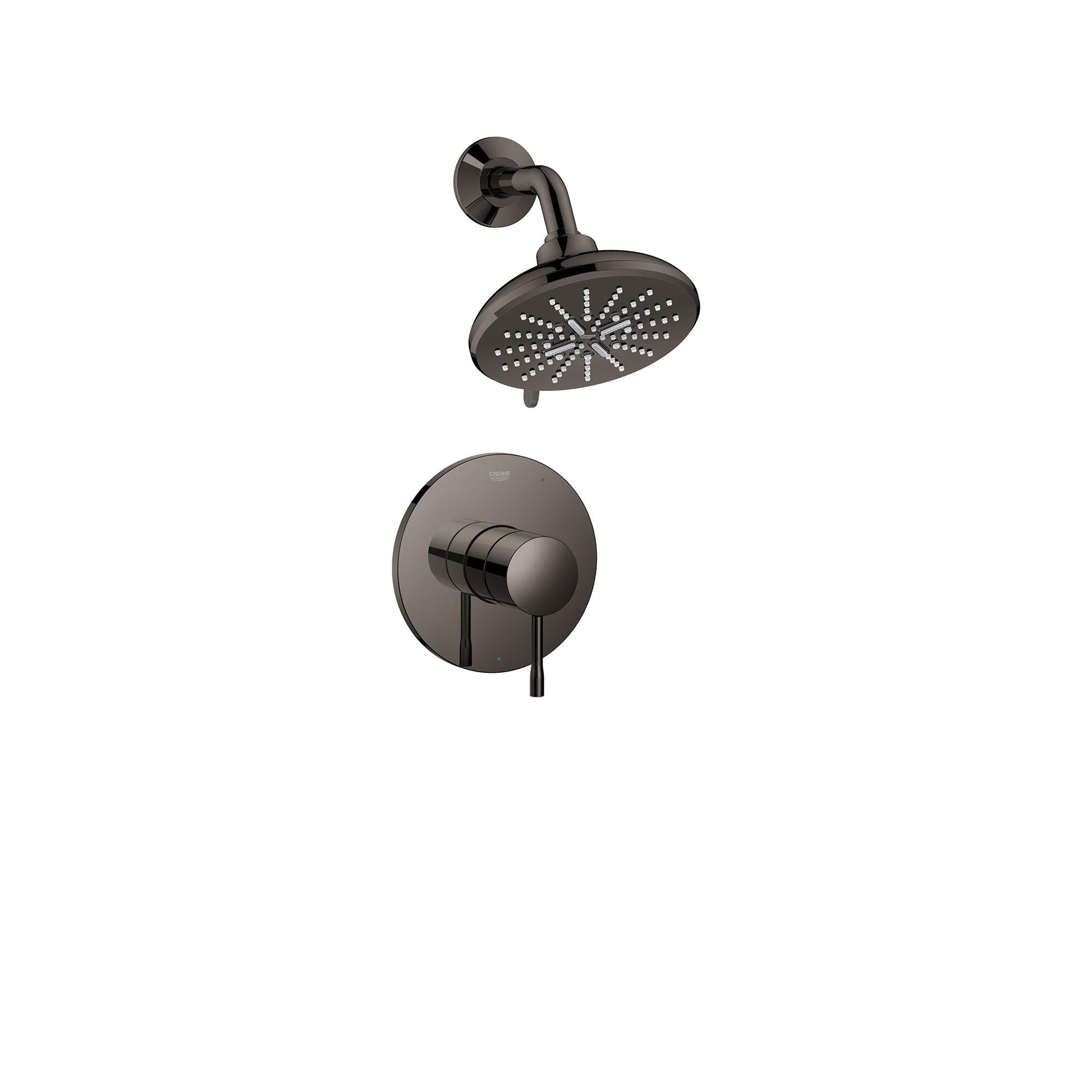 Hard graphite pressure balance valve shower combo with round showerhead and single lever control.