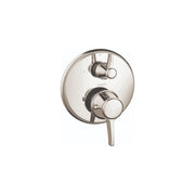 Round polished nickel thermostatic shower trim with upper volume control lever and lower temperature control lever.