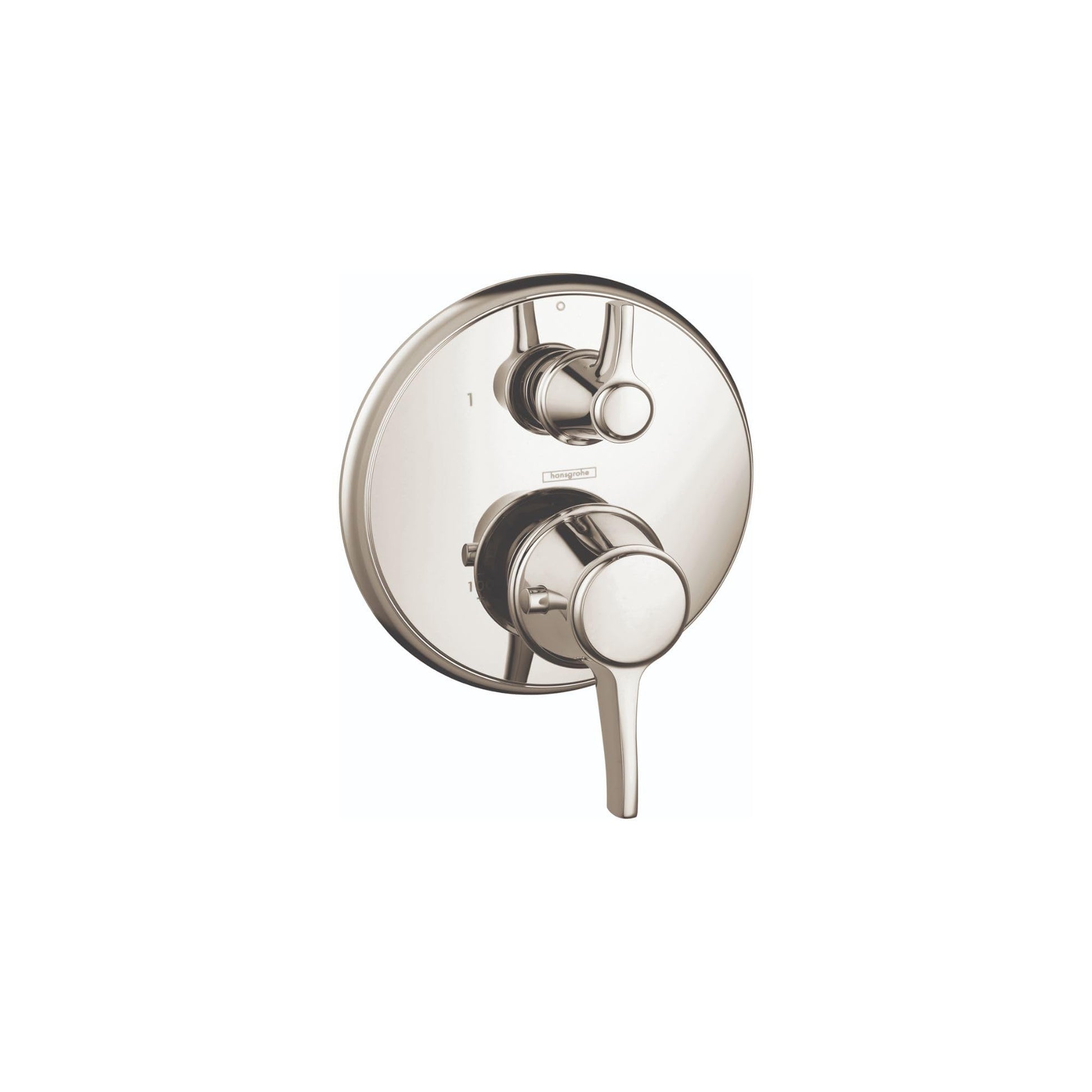 Round polished nickel thermostatic shower trim with upper volume control lever and lower temperature control lever.