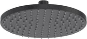 Black round rain shower head with multiple spray jets and overhead mounting bracket.