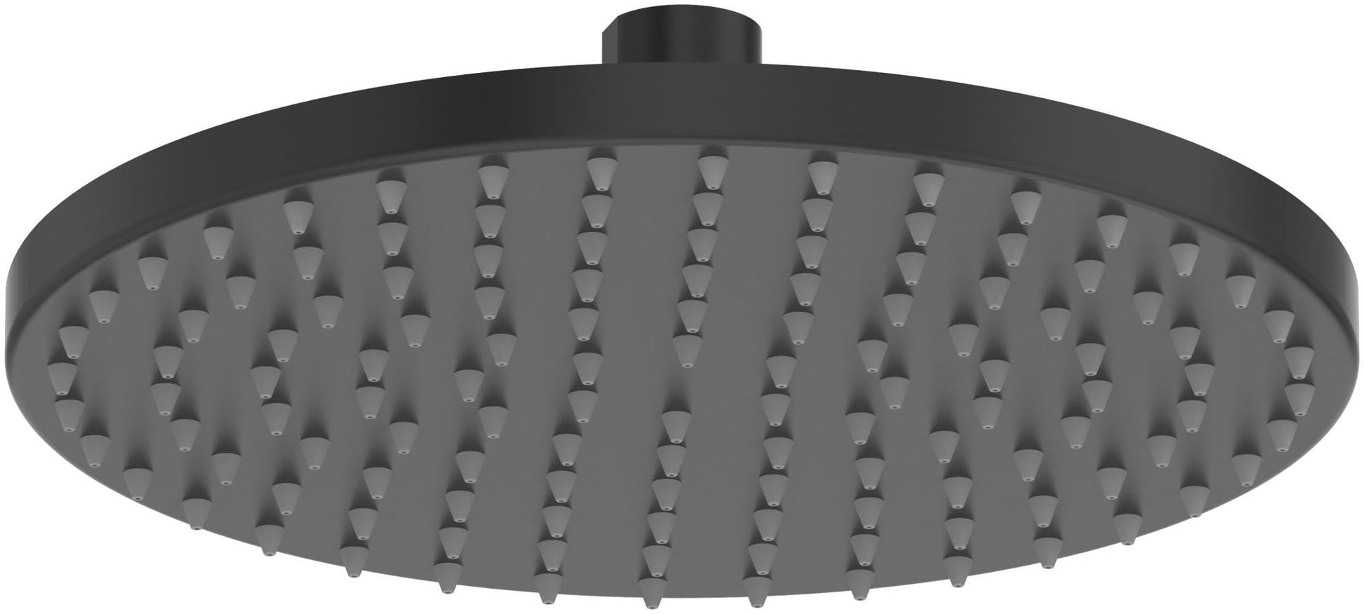Black round rain shower head with multiple spray jets and overhead mounting bracket.