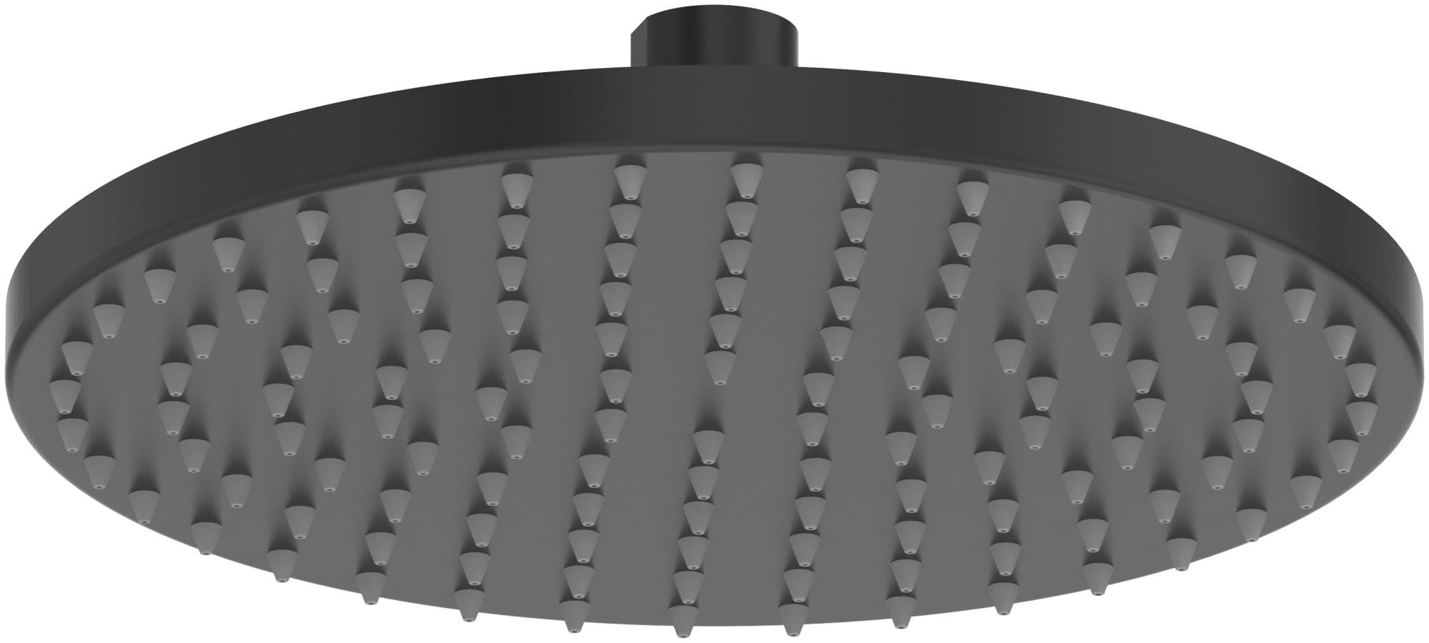 Black round rain shower head with multiple spray jets and overhead mounting bracket.