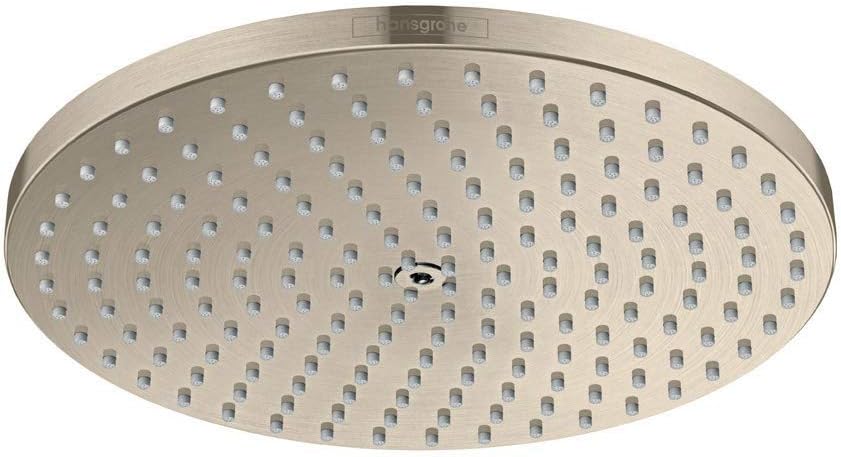 Brushed nickel circular shower head with evenly spaced perforations across the face and Hansgrohe branding visible on the rim