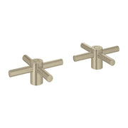 Pair of brushed nickel cross handles with cylindrical grips and central mounting bases.