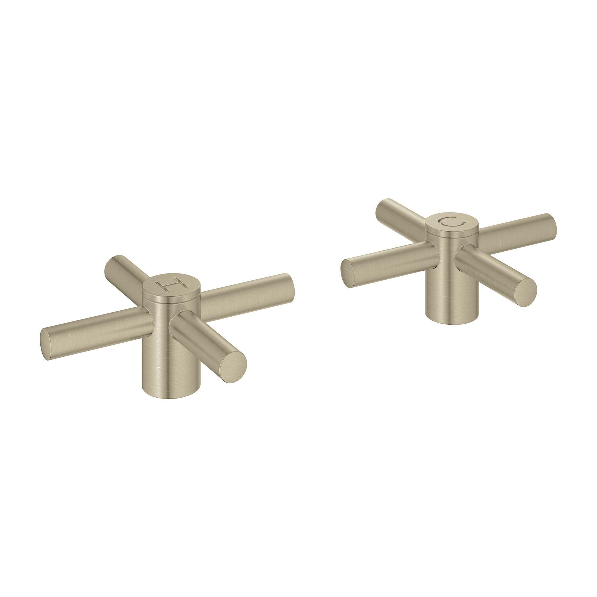 Pair of brushed nickel cross handles with cylindrical grips and central mounting bases.
