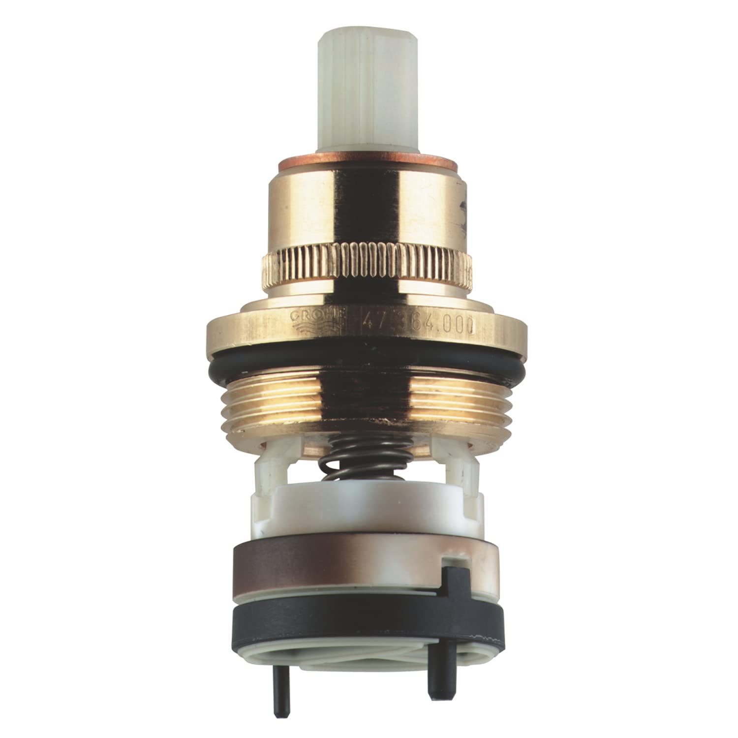 Grohe Aquadimmer cartridge with chrome brass housing, white stem, and black adjustment components.