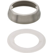 Stainless steel escutcheon ring and white rubber gasket for pull-out faucet.