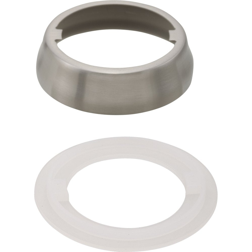 Stainless steel escutcheon ring and white rubber gasket for pull-out faucet.