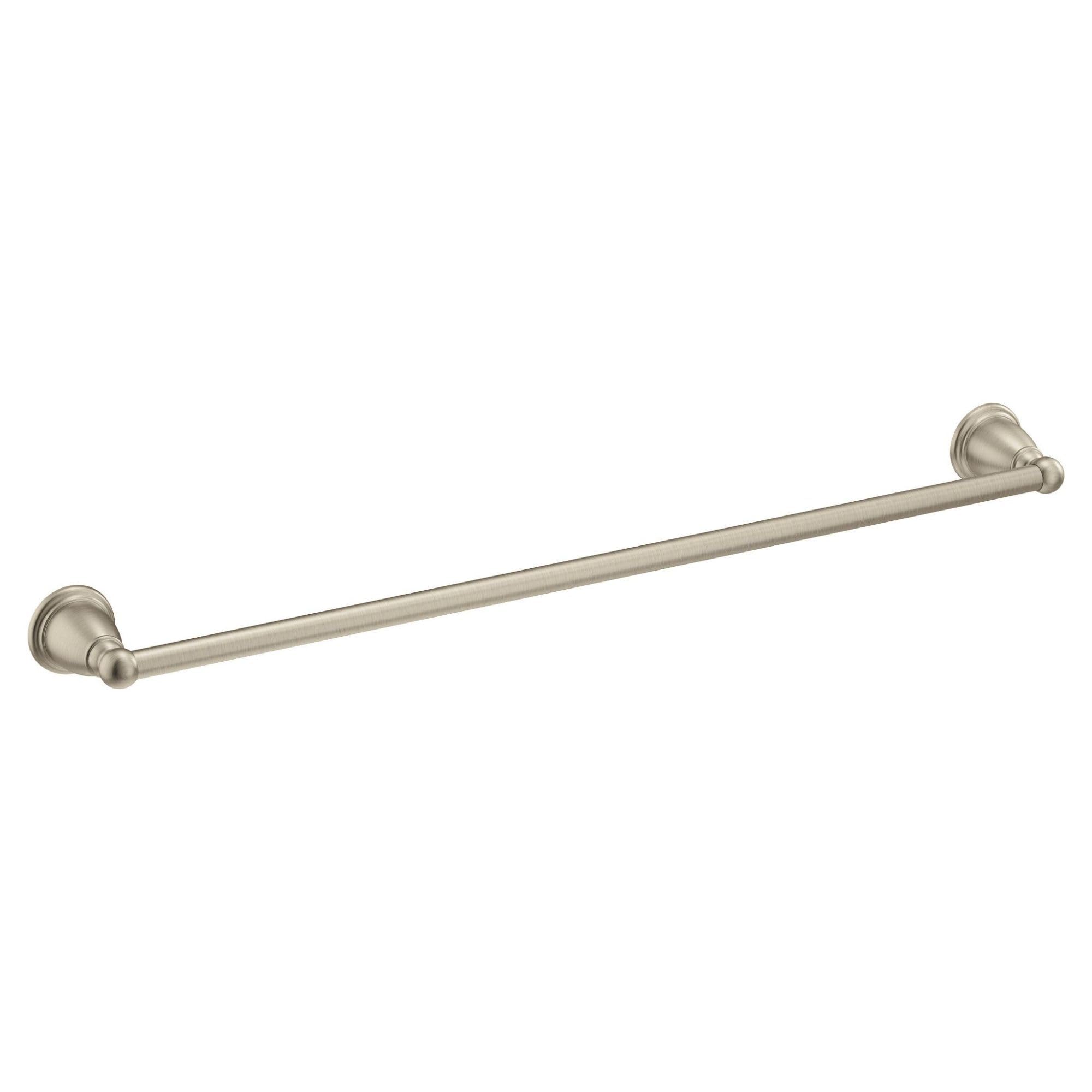 Brushed nickel wall-mounted towel bar with rounded end caps, 24 inches long.