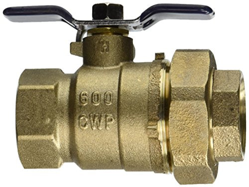 Brass ball valve with black lever handle and female union threaded connections on both ends.