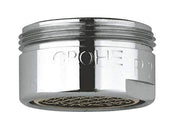 Chrome flow straightener aerator with threaded top ring and patterned mesh insert at base.