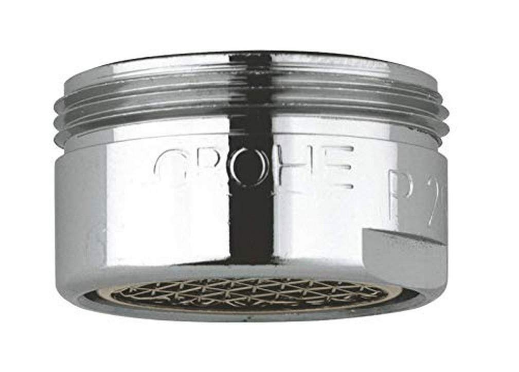 Chrome flow straightener aerator with threaded top ring and patterned mesh insert at base.