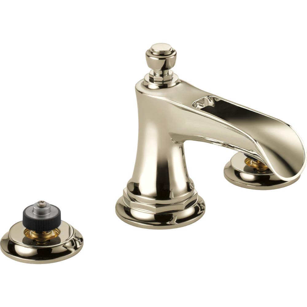 Polished nickel widespread lavatory faucet with curved channel spout and two control knobs on base.