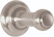 Brushed nickel wall-mounted hook with circular mounting plate and cylindrical protruding hook.