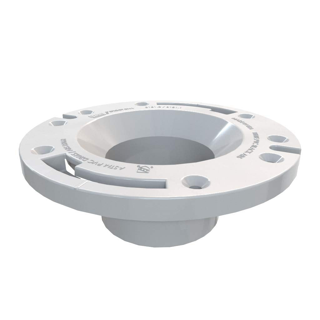 White PVC closet flange with central spigot opening and multiple mounting holes around the circular base.