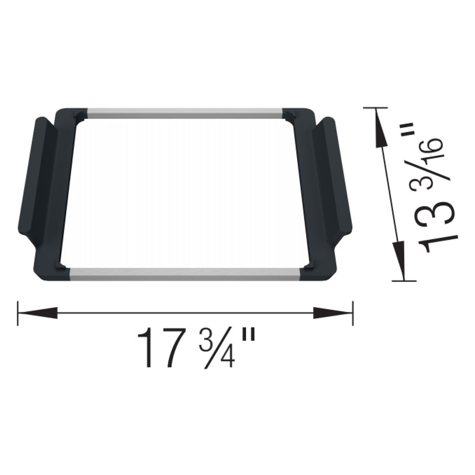 Stainless steel sink accessories holder with black rubber corner grips and dimensions of 17 3/4" wide by 13 3/16" tall.