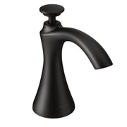 Black deck-mounted kitchen soap dispenser with curved spout and round pump top.