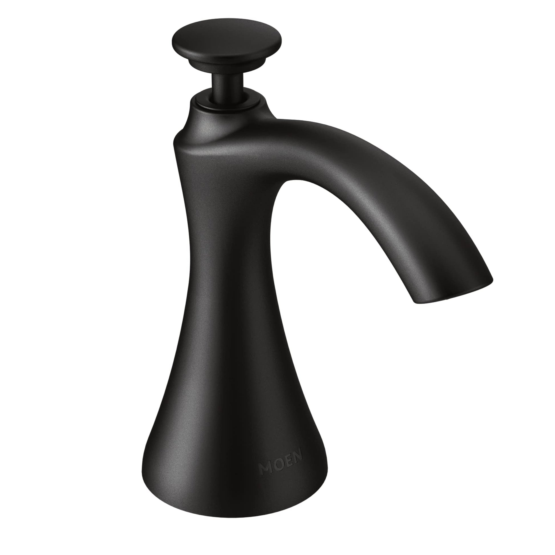 Black deck-mounted kitchen soap dispenser with curved spout and round pump top.