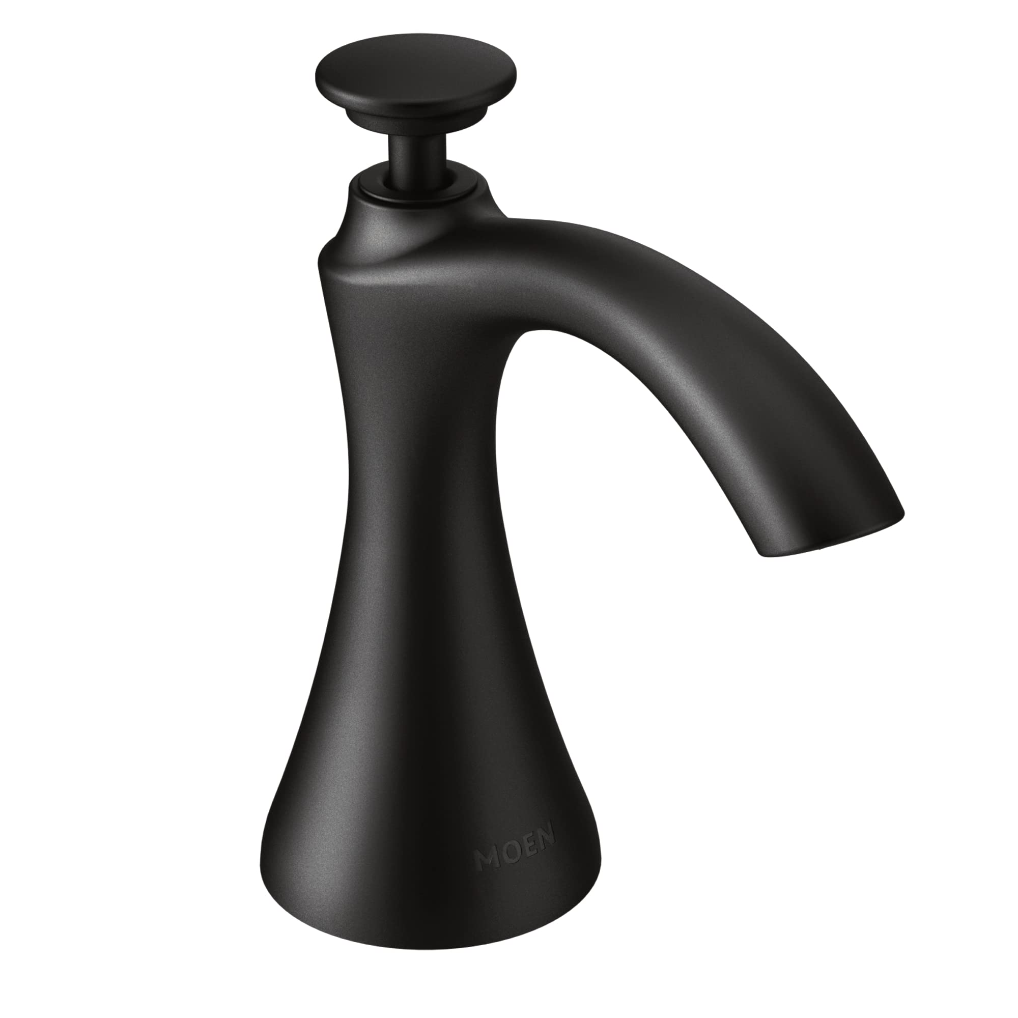 Black deck-mounted kitchen soap dispenser with curved spout and round pump top.