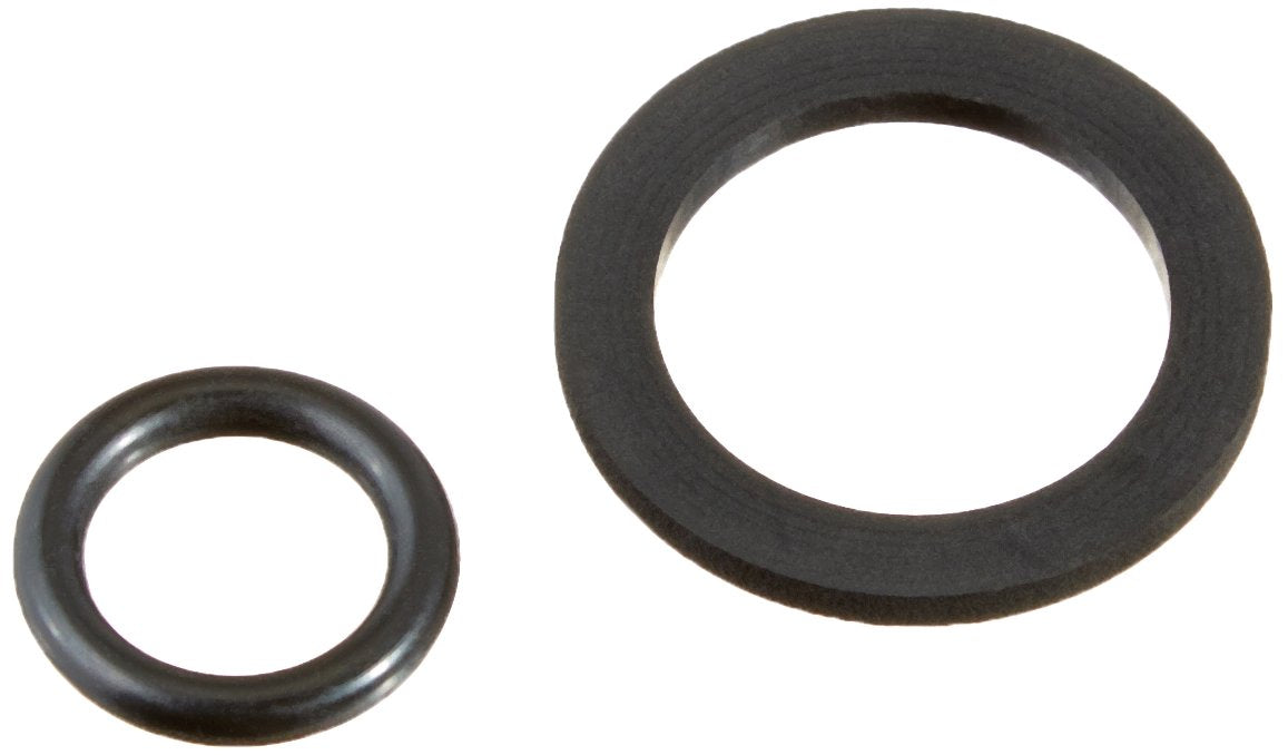 Black o-ring and gasket set with one small and one large rubber seal ring.