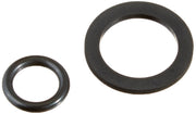 Black o-ring and gasket set with one small and one large rubber seal ring.
